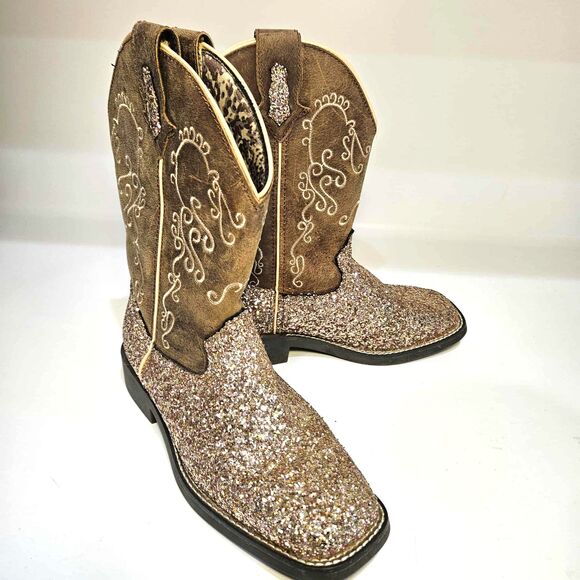 Shyanne Sparkle Plenty Square Toe Girls 4D Rose Gold Glitter Boot Mid Calf - Picture 4 of 13